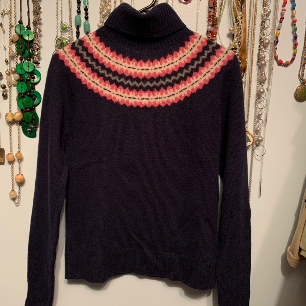 J. Crew Fair Isle Turtleneck Sweater, Navy/Pink, M